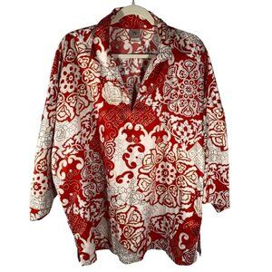 Natori Womens Red & White Floral Blouse XL Polyester lightweight boho long line